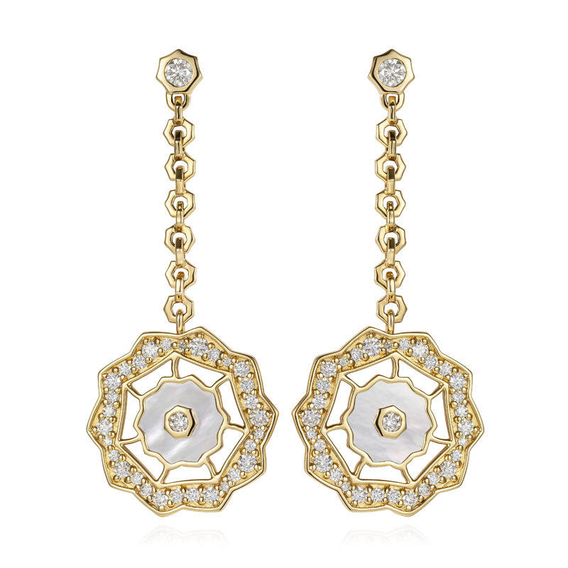 Sunrise Diamond & Mother of Pearl Earrings in 18K Yellow Gold